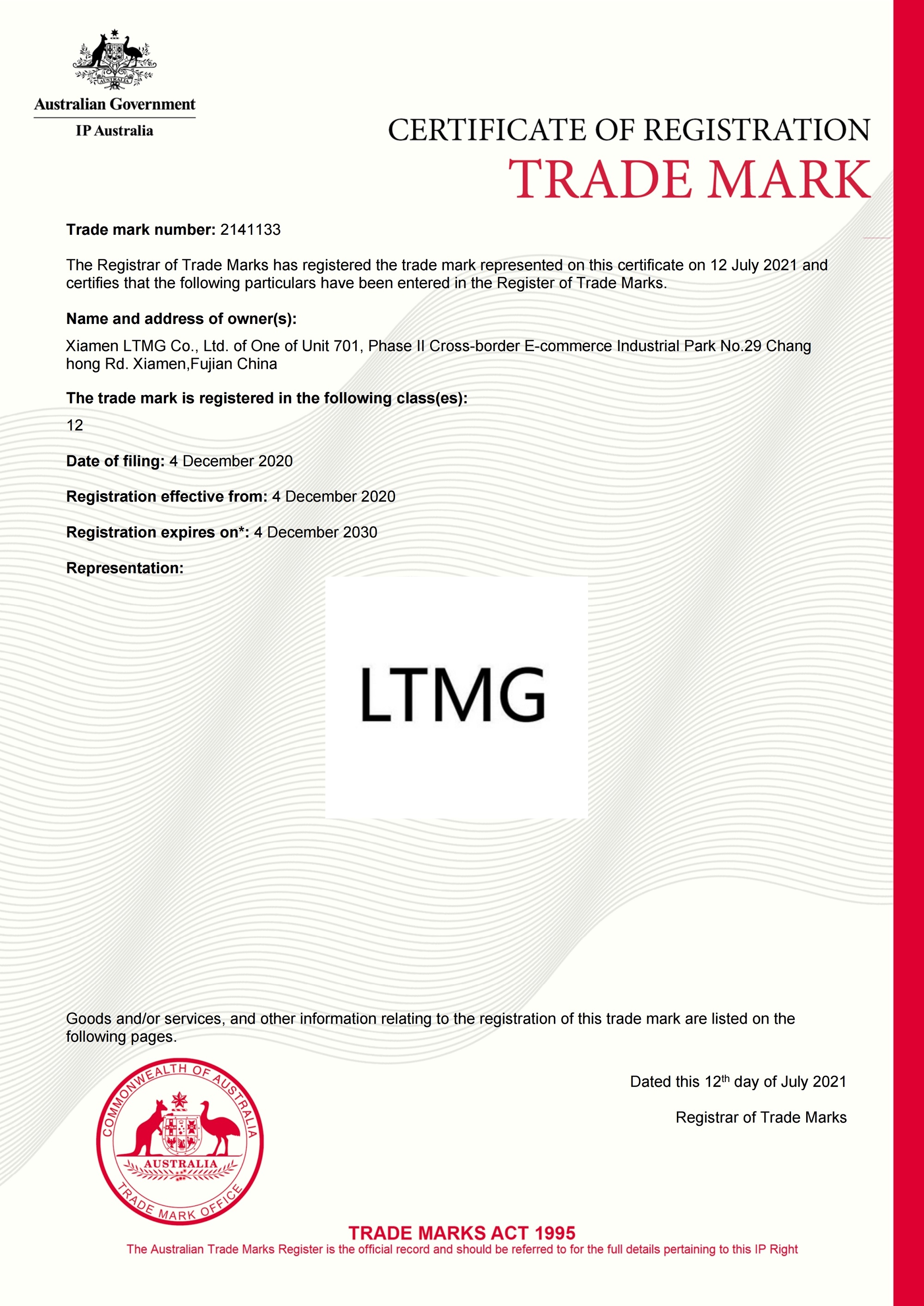 马德里证书 澳大利亚商标 LTMG 2